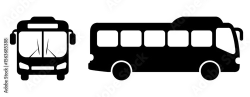 Bus icon set. Front and side view of a simple black bus silhouette. Ideal for transportation, travel, or city-related designs.