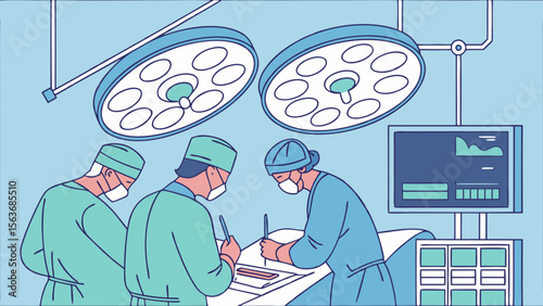 Medical Team Performs Surgery in Operating Room. Healthcare Professionals in Scrubs Under Bright Surgical Lights with Monitor.