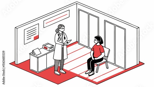 Isometric Doctor-Patient Consultation with Masks in Clinic. Healthcare Examination and Patient Care Illustration.