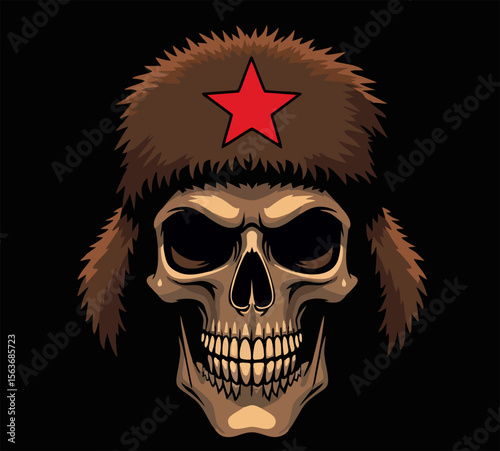 Biker vector t-shirt design with human skull
with furry hat with earflaps and red star on 
black background.
Fashionable print for fabric, paper, men clothing,
hoodie, jacket. T shirt template.
