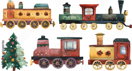 Watercolor Illustration of Vintage Toy Trains and a Christmas Tree on a White Background
