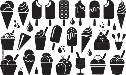 Delightful Ice Cream Vector Collection A Sweet Assortment of Cones, Popsicles, and Sundaes for Dessert-Themed Designs and Summer Treats, Isolated on Transparent