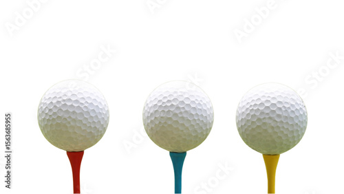 Transparent Background: Three white golf balls perfectly perched on vibrant red, blue, and yellow tees, ready to drive into a game or represent precision and sport.

