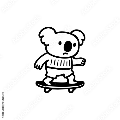 A koala wearing striped shorts rides a skateboard