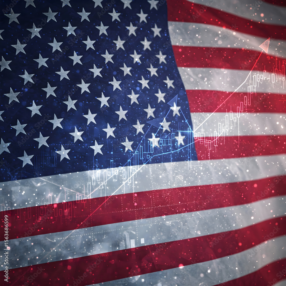 Naklejka premium Waving American flag with a bright upward trending stock market line graph and candle charts overlaid. Generative AI.
