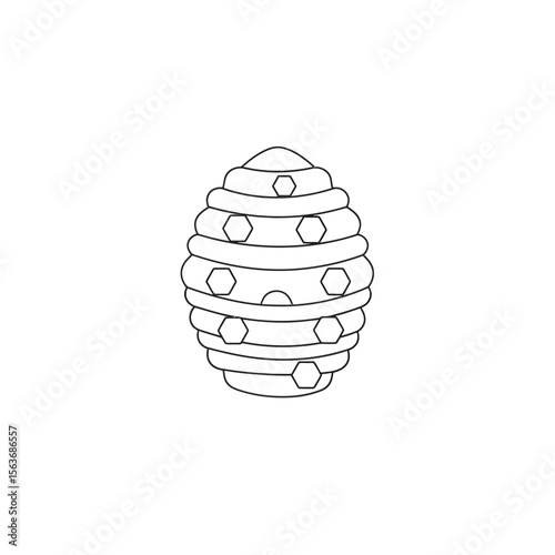 Detailed black and white line art drawing of a traditional beehive structure depicting its layered form and hexagonal honeycomb cell pattern perfect for nature insect apiary and