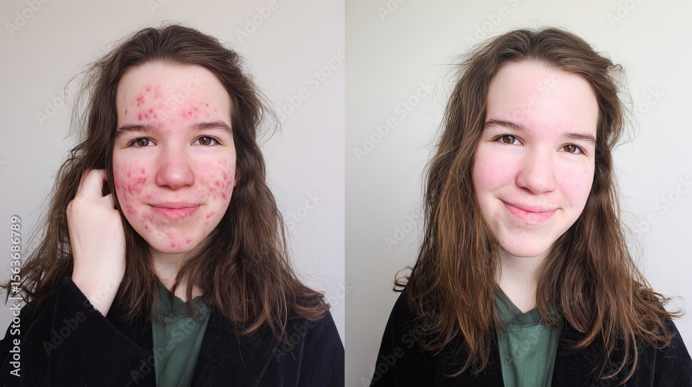 Young woman with acne on left side, showcasing skin transformation on right side, demonstrating skincare journey and confidence in personal appearance and beauty Young woman with acne on left side, showcasing skin transformation on right side, demonstrating skincare journey and confidence in personal appearance and beauty