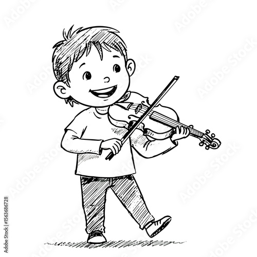 Young boy smiling while playing violin in a sketch style on transparent background  