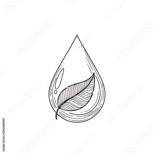 Professional Vector Outline Illustration of a Pure Crystal Clear Water Drop Containing a Delicate Soft White Feather Embodying Natural Purity Gentleness Organic Essence Eco