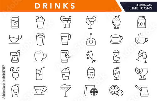 Drinks line icon set. Refreshing, garnishes, water, straws, craft beer, glassware, cocktail, coffee, tea, alcohol, relax, party, beer, bottle line icon set. Ui thin line icon pack.