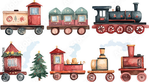 Watercolor Christmas Train Illustration with Festive Holiday Decorations and a Vintage Toy Train Set on White