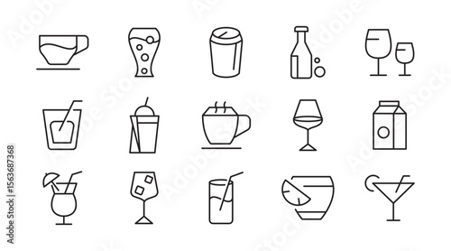 Drinks line icon set. Refreshing, garnishes, water, straws, craft beer, glassware, cocktail, coffee, tea, alcohol, relax, party, beer, bottle line icon set. Ui thin line icon pack.