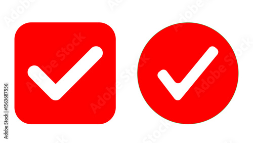 Transparent Background: Bold Red Check Mark Icons in Rounded Square and Circle, Perfect for Affirmative User Interface Elements and Confirmation.

