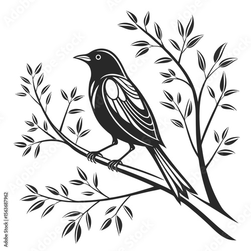 Black and White Bird Silhouette on Branch Minimalist Design 2