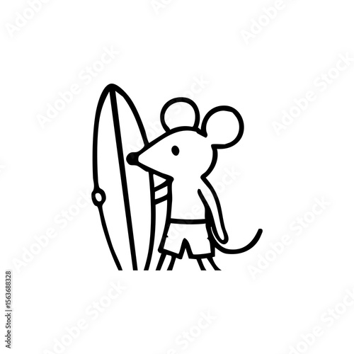 A cartoon mouse wearing shorts, holding a surfboard