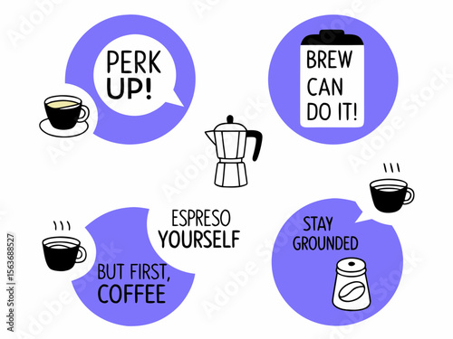 Coffee Themed Illustration with Motivational Phrases and Coffee Related Icons on a White Background cute