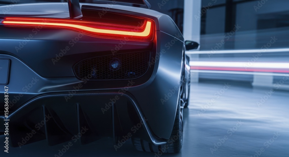 Fototapeta premium Sleek dark supercar rear view with glowing red LED taillights and diffuser