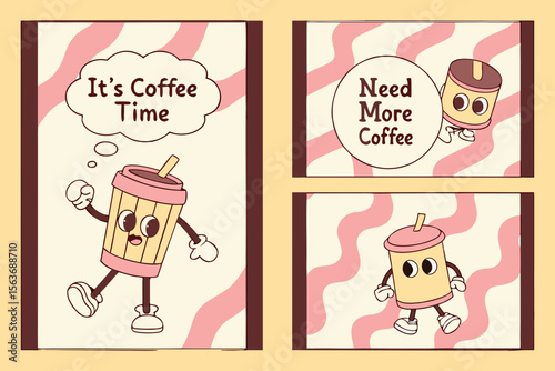 Retro Coffee Cartoon Illustrations It s Coffee Time and Need More Coffee with Wavy Pink Backgrounds