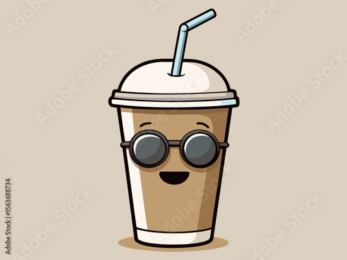 Cute Cartoon Coffee Cup  stickers Character with Sunglasses and a Straw on a Beige Background stylized