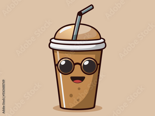 Cartoon Coffee Cup Character with Glasses and a Straw on a Neutral Background cartoon illustration