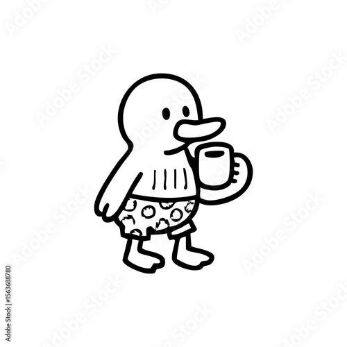 Black and white cartoon duckling in swim trunks holding a cup