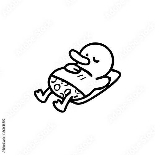 Black and white cartoon duck resting on a sunpad
