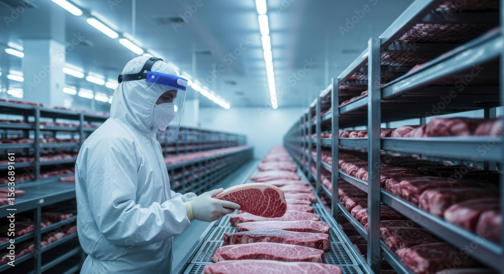 Fototapeta premium Expert technician in biohazard suit inspecting raw beef in a cold storage facility