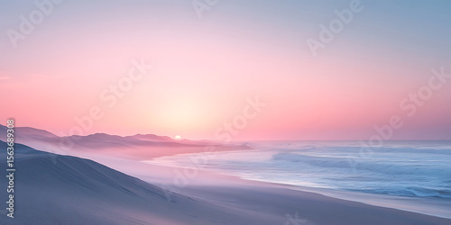 Fototapeta Naklejka Na Ścianę i Meble -  Serene beach landscape at sunrise with gentle waves and desert dunes under pastel sky romantic coastal scene