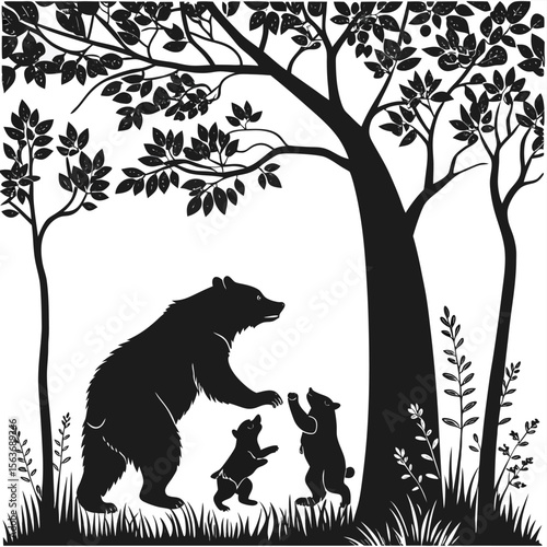 Black Bear Mother and Two Cubs Silhouette Forest Scene