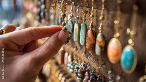 Womanâ€™s hand gracefully picking a handmade earring from a display filled with unique, locally crafted jewelry