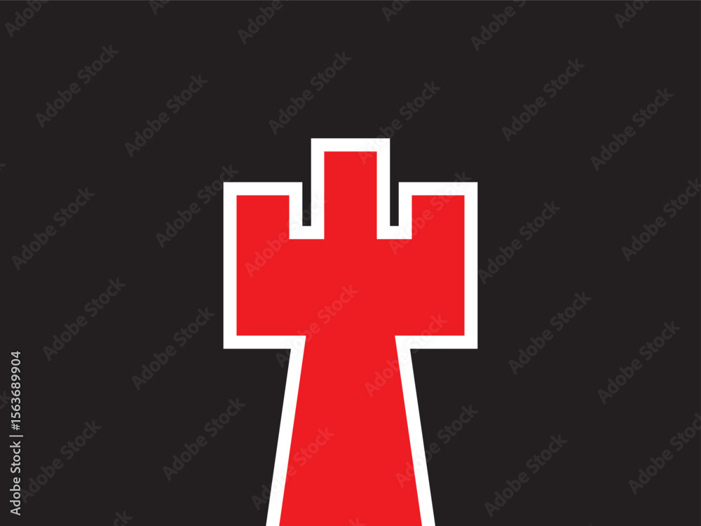 Obraz premium Minimalist Red Rook Chess Piece with White Outline on Black Background Illustration