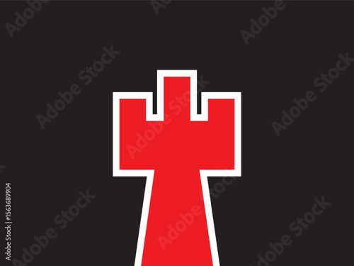 Minimalist Red Rook Chess Piece with White Outline on Black Background Illustration