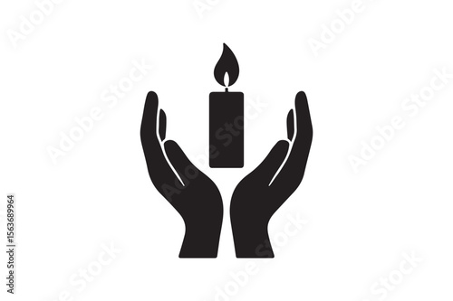 candle in prayer hands silhouette vector art illustration on white background