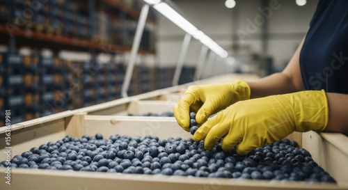 Worker gloved hands sorting fresh blueberries in a warehouse for quality control