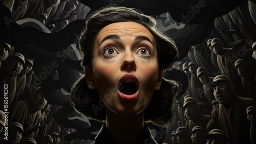 A woman stands out in a crowd, startled and looking directly at the viewer, surrounded by others who seem like ghostly figures. The image captures a mysterious and eerie atmosphere