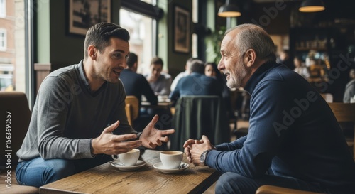 Two men of different generations having a lively conversation in a cozy cafe over coffee cups