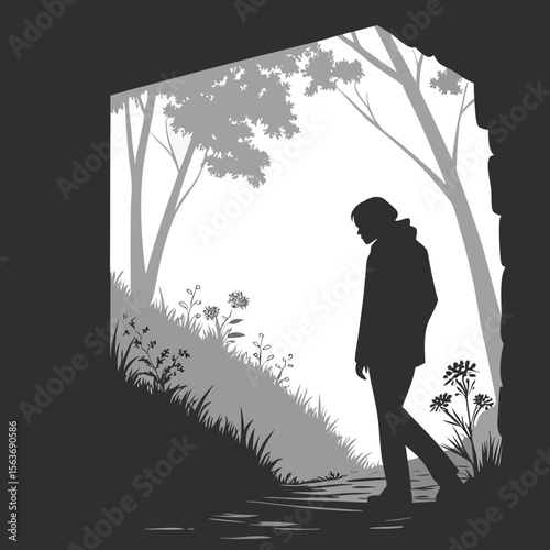 Silhouette Person Walking Path Gray Trees Flowers vector