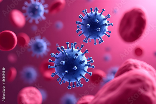 Closeup view of microscopic enlargement of blue virus among red Blood cells in Artery, floating cells in body, covid, influenza, sars, corona, hiv, mers, cholera, variola, measles, disease organisms