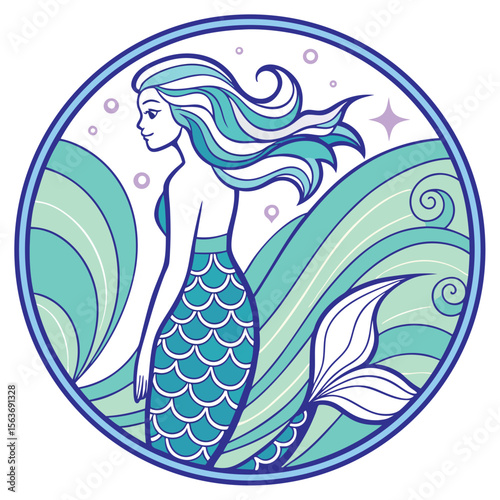 Teal Mermaid Watercolor Painting Ocean Waves vector
