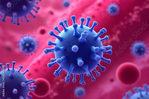 Closeup view of microscopic enlargement of blue virus among red Blood cells in Artery, floating cells in body, covid, influenza, sars, corona, hiv, mers, cholera, variola, measles, disease organisms