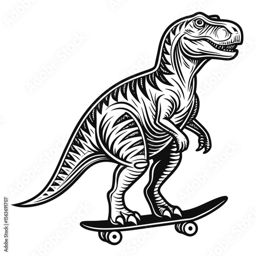 Tyrannosaurus Rex Skateboarding Black and White Illustration