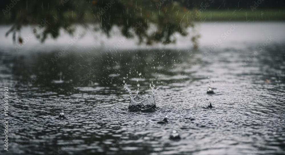 Fototapeta premium Close up of heavy rain splashing on dark water surface creating ripples and crowns