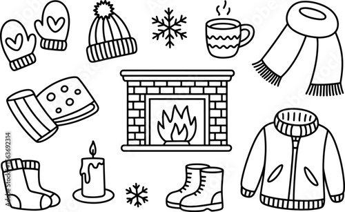 Winter Holiday Themed Black and White Illustration of Cozy Items