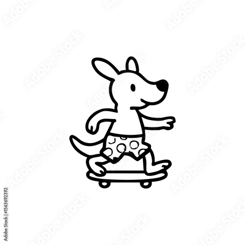 Cartoon kangaroo in shorts riding a skateboard
