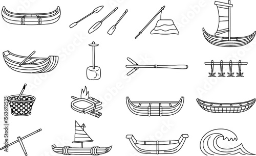 Outlined Boats Oars Fire Campfire Wave and Related Elements Illustration