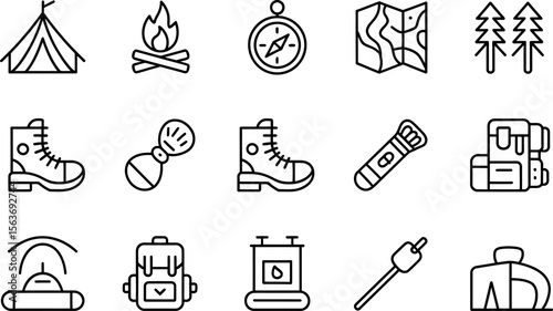 Camping and Hiking Icons Set Tent Compass Boots Map Trees Backpacks Bonfire