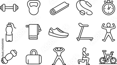 Fitness Equipment and Exercise Icons in Black Outline Style