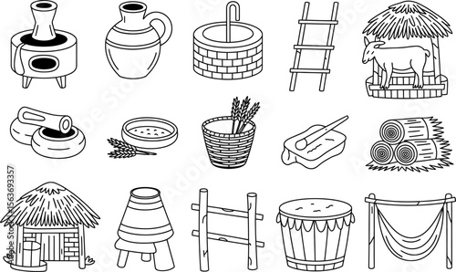 Black and White Farm Life Icons Including Goat Well Ladder and Hut