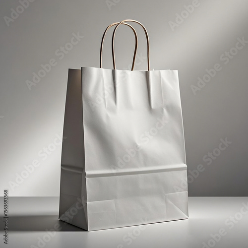 Minimalist White Paper Bag on a Gray Surface, Simple yet Elegant Still Life of a Blank White Paper Bag Against a Neutral Backdrop