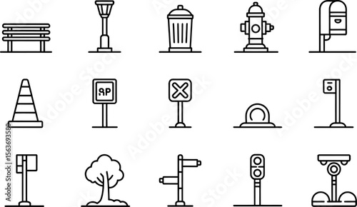 Street Furniture and Road Signs Black Outline Icons Set